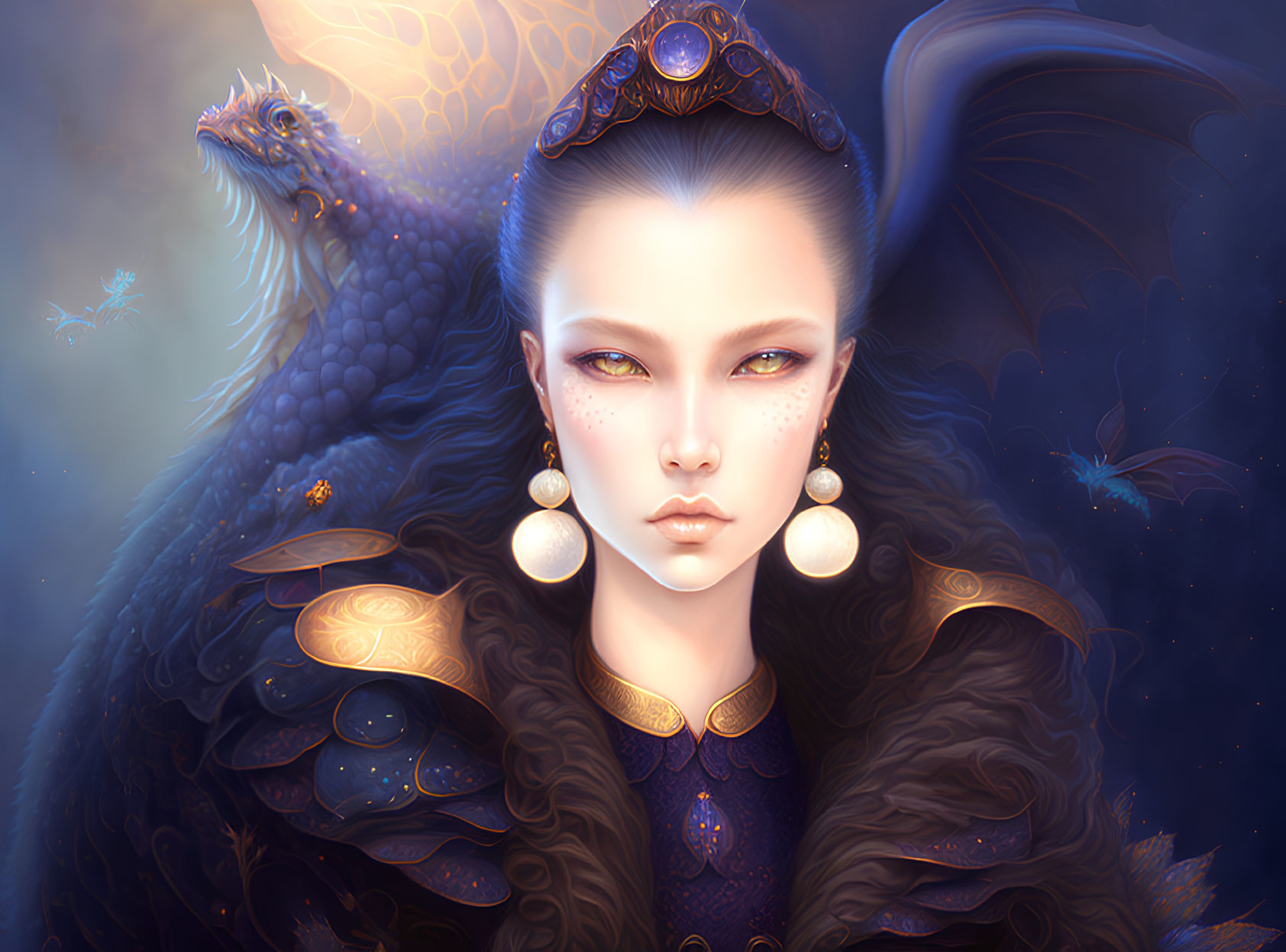 Fantasy portrait of a woman with dragon-like features and majestic dragon in dark blue.