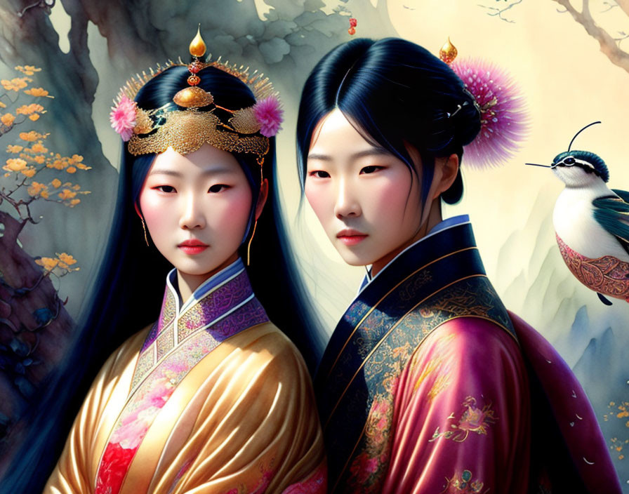 Traditional East Asian Attire Individuals in Serene Nature Setting