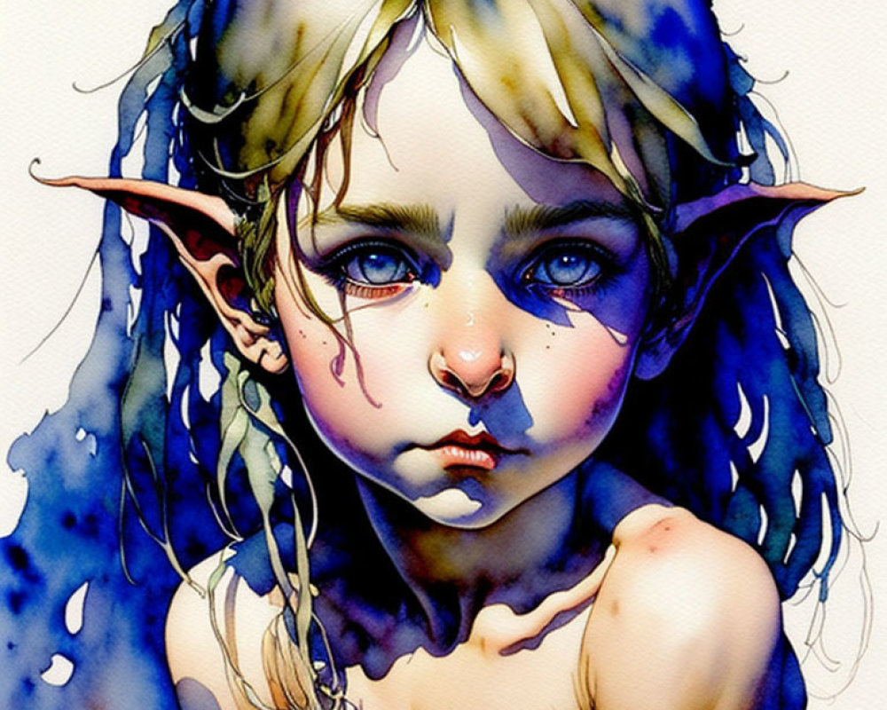 Fantasy creature illustration: young elf with pointy ears, blue streaked hair, intense eyes