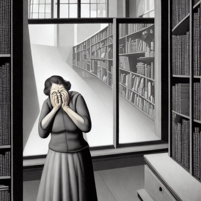 Illustration of woman in skirt and blouse covering face in room with bookshelves & window