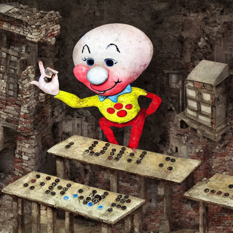 Clown-like animated character on dilapidated staircase in ruins