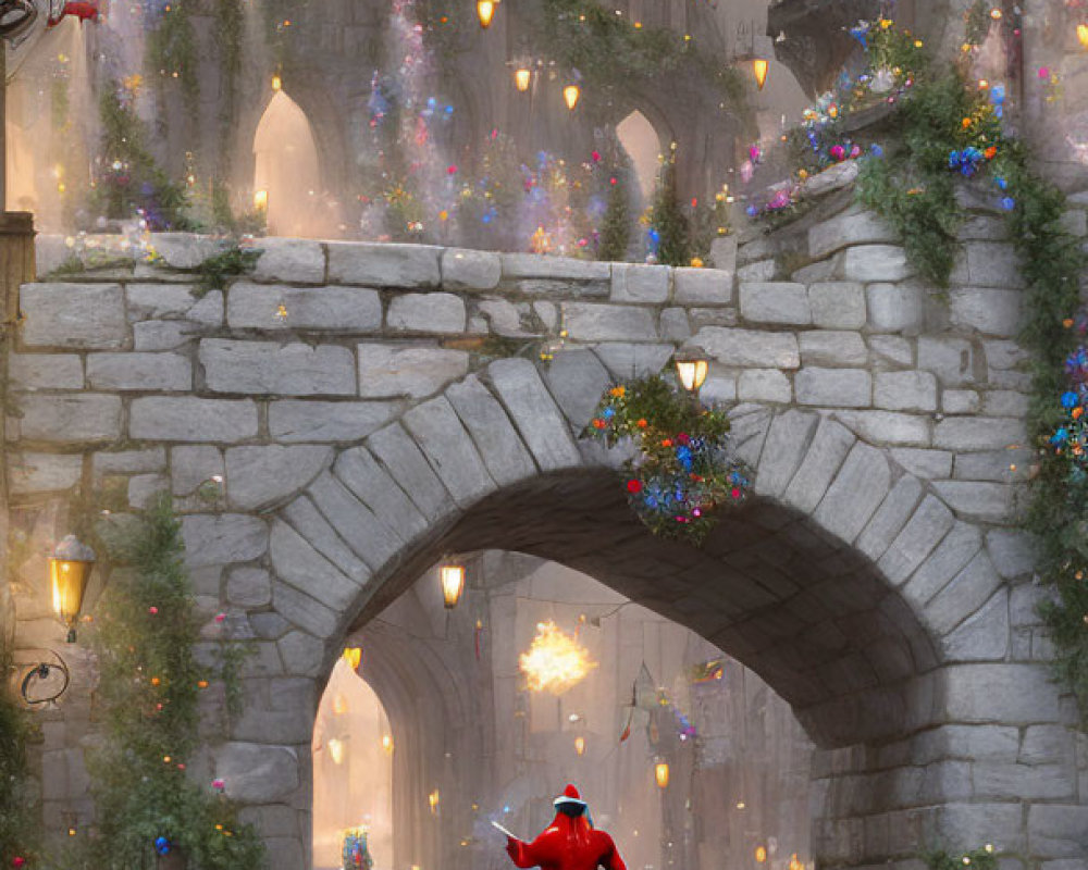 Colorful Flowers and Lights on Festive Cobblestone Street at Dusk