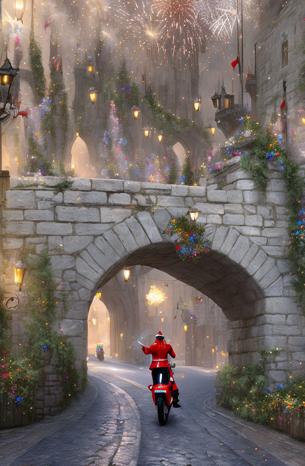 Colorful Flowers and Lights on Festive Cobblestone Street at Dusk