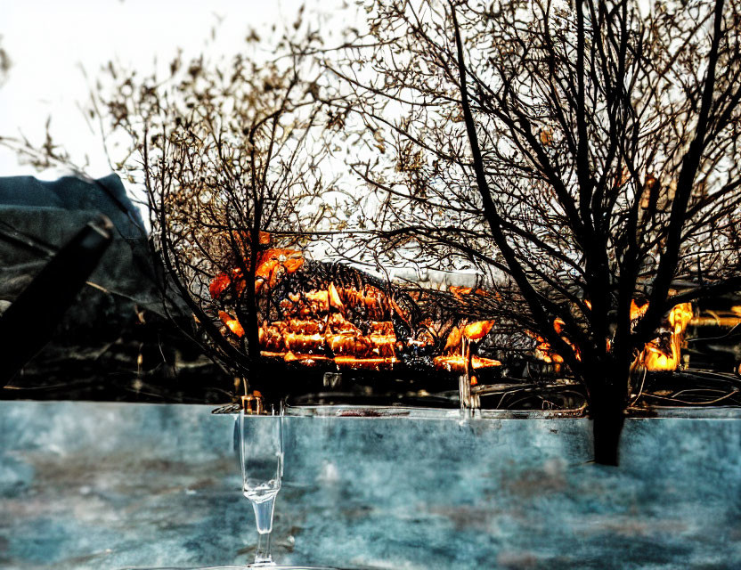 Barbecue grill with cooking meats against bare trees and dusky sky.