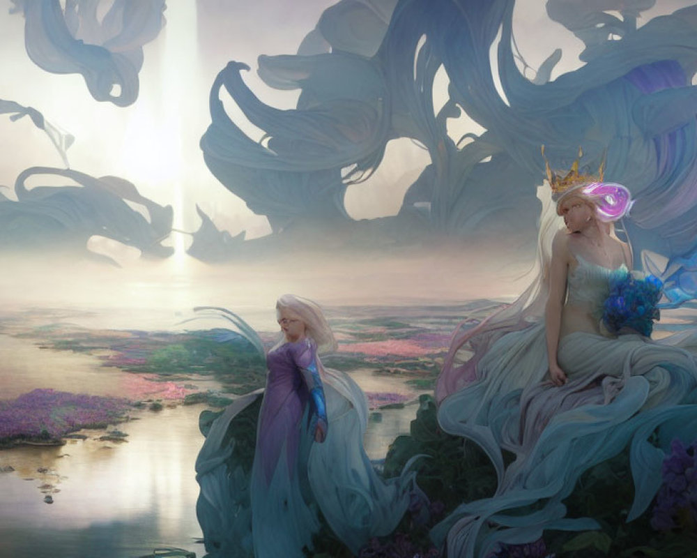 Ethereal women in fantasy landscape with vibrant flora and twisted trees