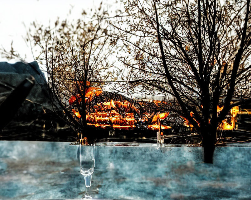 Barbecue grill with cooking meats against bare trees and dusky sky.