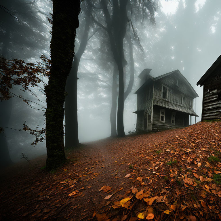 Eerie fog surrounds dilapidated two-story house in dark forest