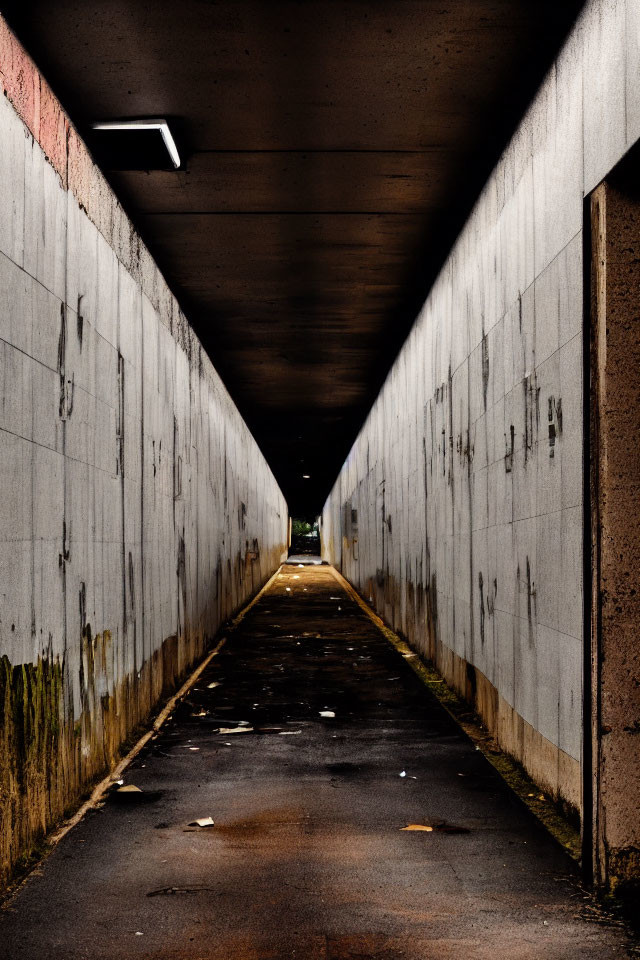 Dimly Lit Underground Passage with Graffiti-Stained Walls