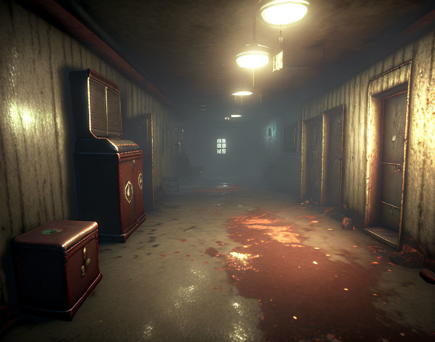 Dark corridor with bloodstains, vintage radio, luggage, and weathered doors.