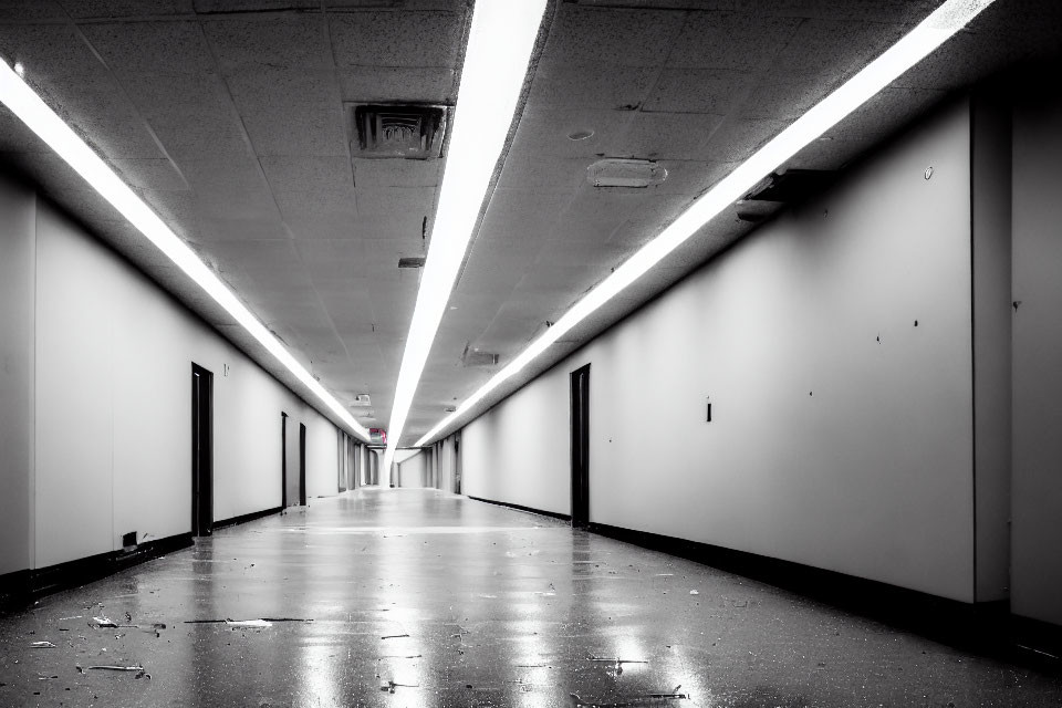 Deserted dimly lit corridor with closed doors and debris.