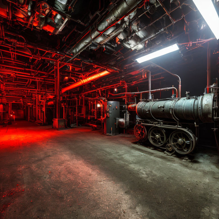 Industrial boiler room with red lighting, pipelines, tank, and machinery