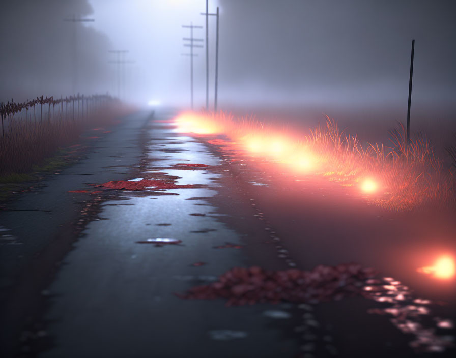 Desolate night road with red lights, fog, grass, and wet fence