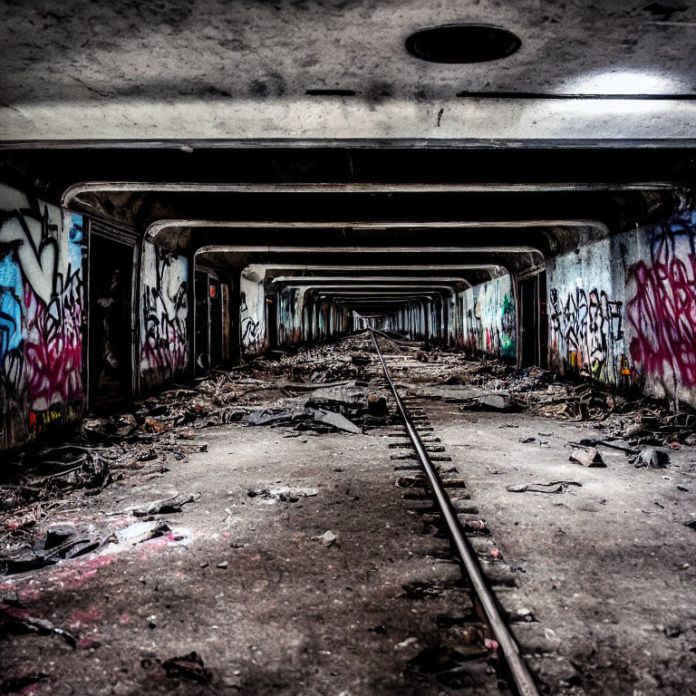 Graffiti-covered walls in abandoned underground tunnel