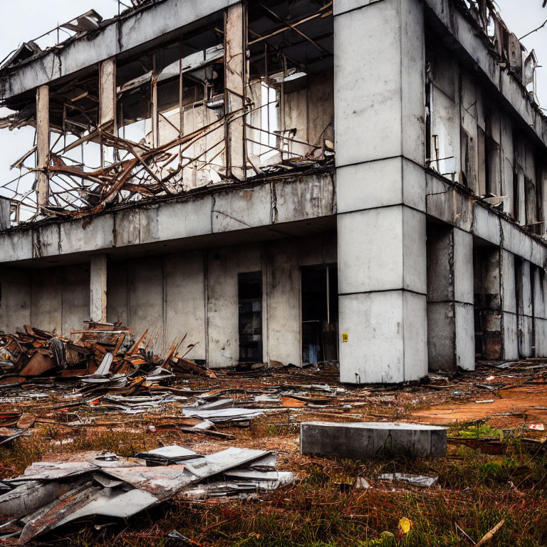 Dilapidated two-story building with debris and overgrowth