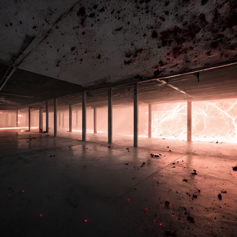 Abandoned building interior with eerie pillars and cracked walls.