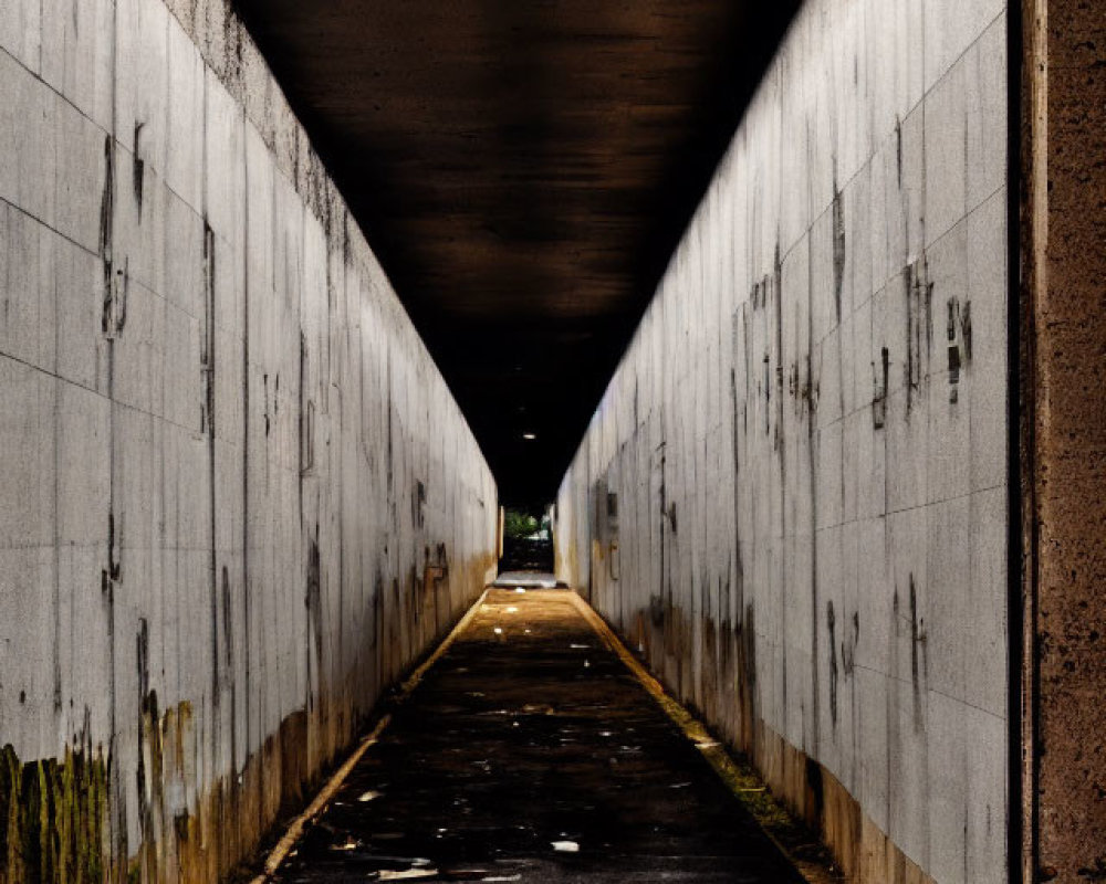 Dimly Lit Underground Passage with Graffiti-Stained Walls