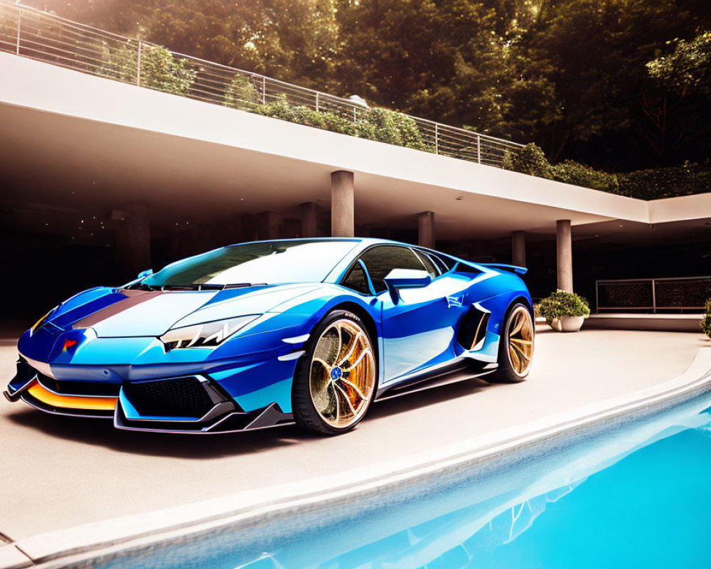 Luxury blue sports car parked by a pool with trees, showcasing modern design