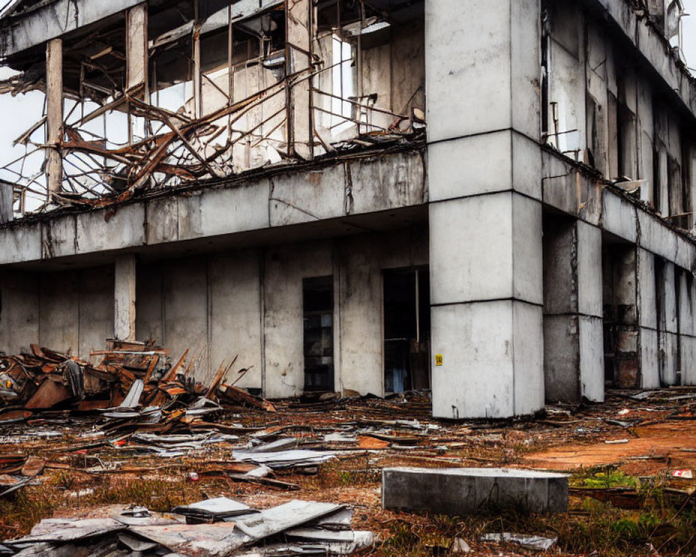 Dilapidated two-story building with debris and overgrowth