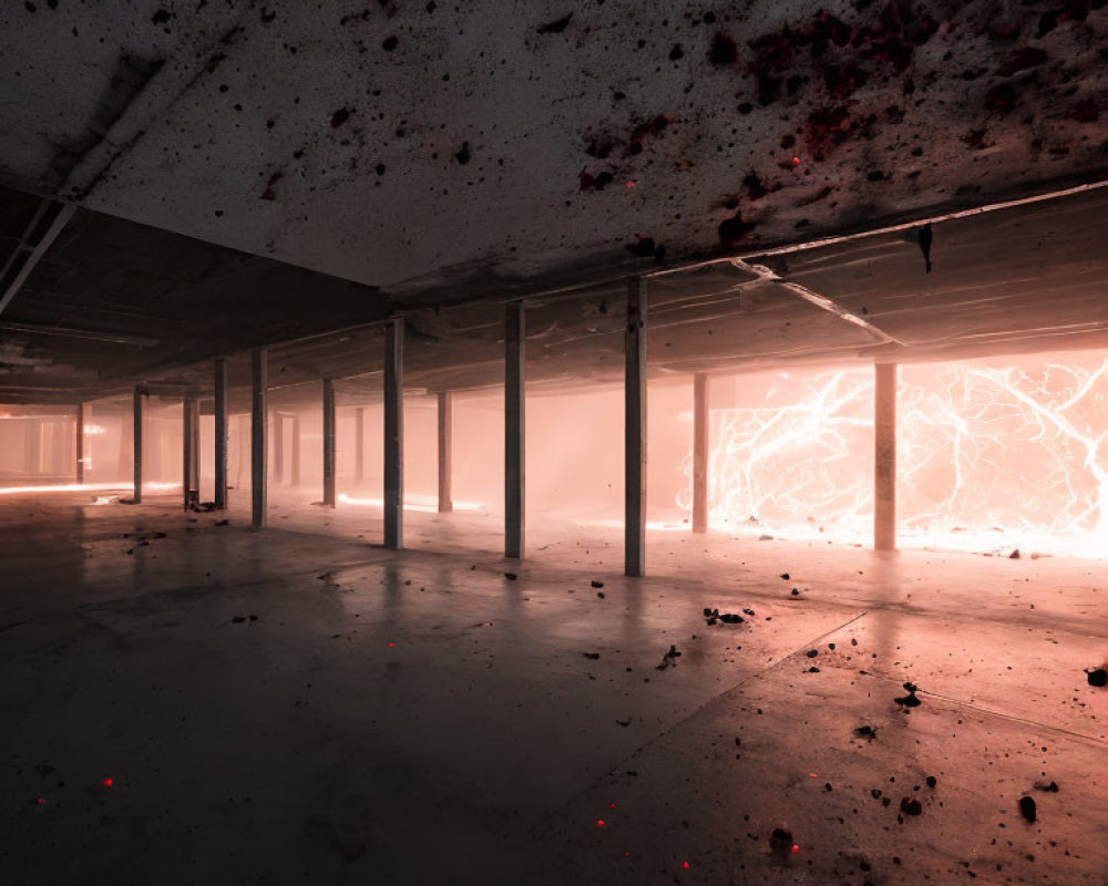 Abandoned building interior with eerie pillars and cracked walls.