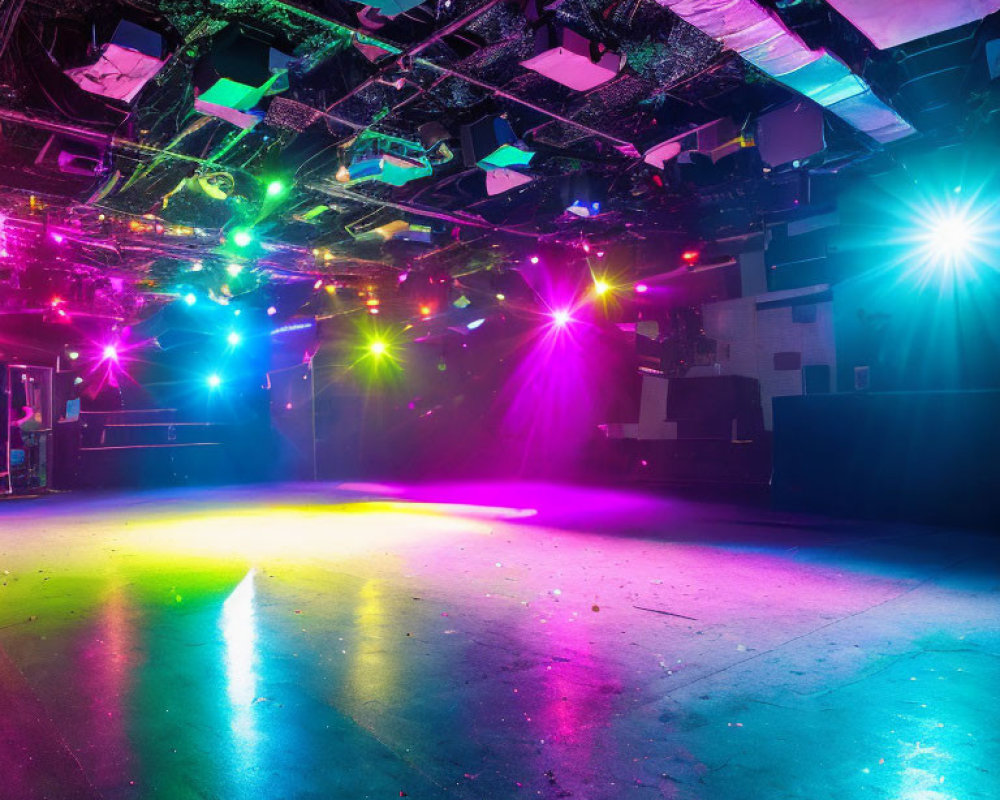 Vibrant colorful lights on empty nightclub dance floor