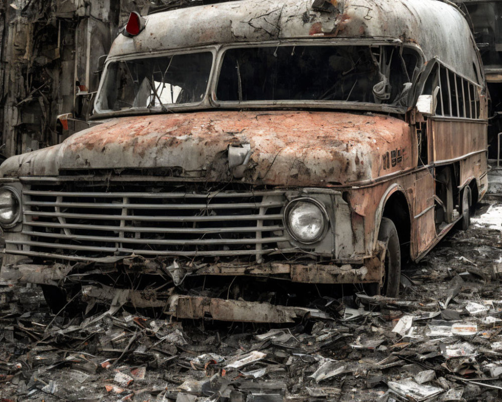 Rusty bus with shattered windows in debris.