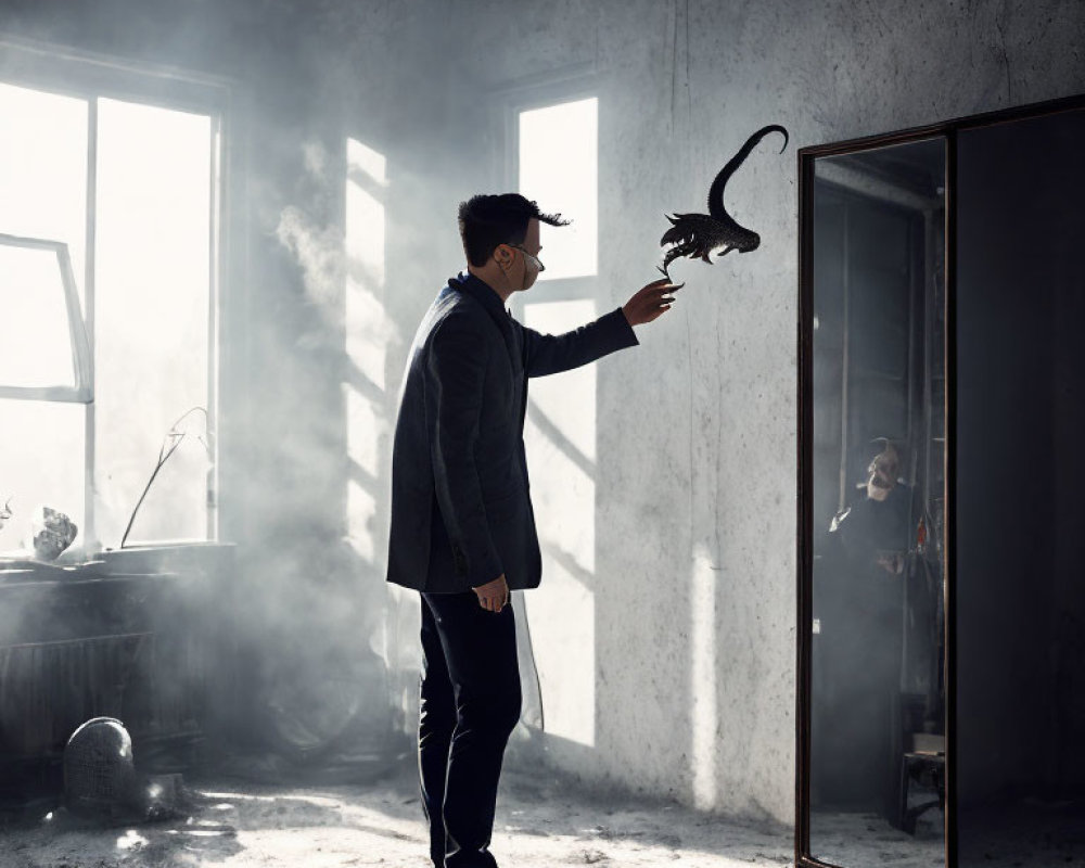 Man in dark suit touching reflection of mystical floating dragon in dusty room