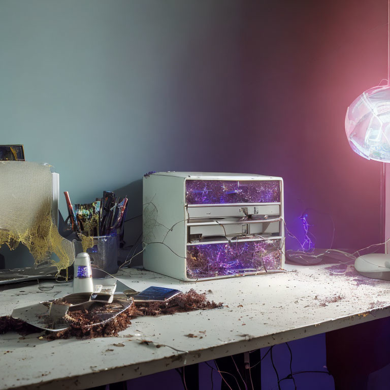 Cluttered desk with cobweb-covered cabinet, scattered items, art supplies, smartphone, and glowing