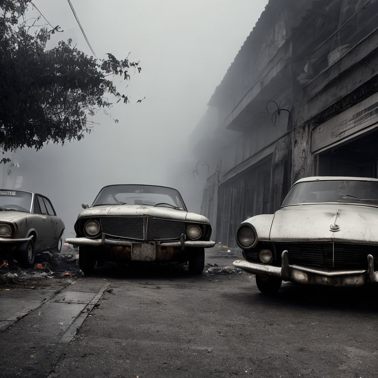 Vintage Cars Parked in Foggy, Abandoned Setting