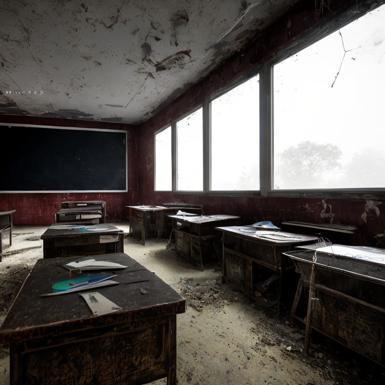 Deserted Classroom with Scattered Desks and Chalkboard