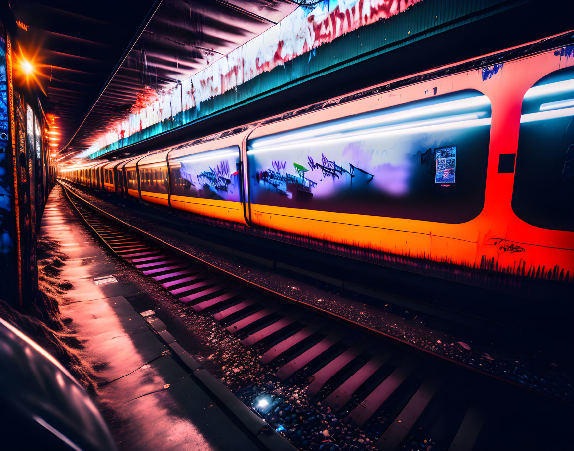 Vibrantly lit train speeds through graffiti-covered underground station