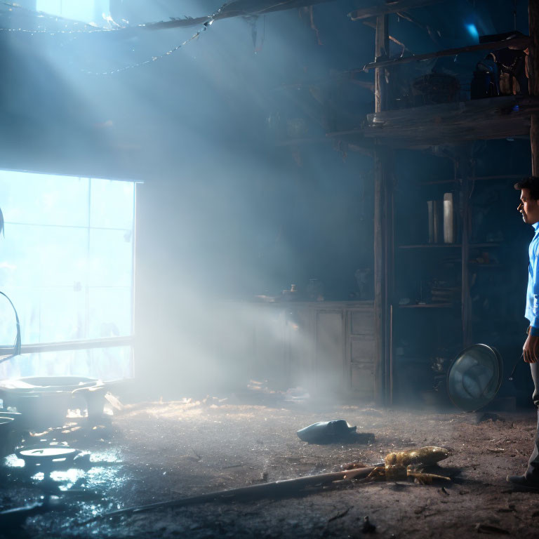 Man in dim, dusty room with light streaming through door