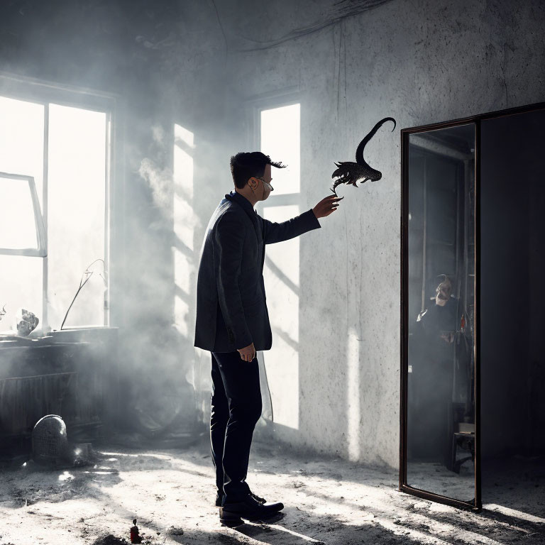 Man in dark suit touching reflection of mystical floating dragon in dusty room