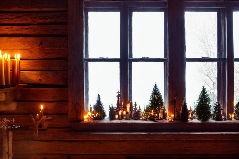 Winter-themed windowsill decor with candles and Christmas trees.