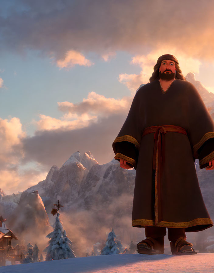 Animated character in winter scenery with snowy mountains and trees, wearing warm robe under sunlight.