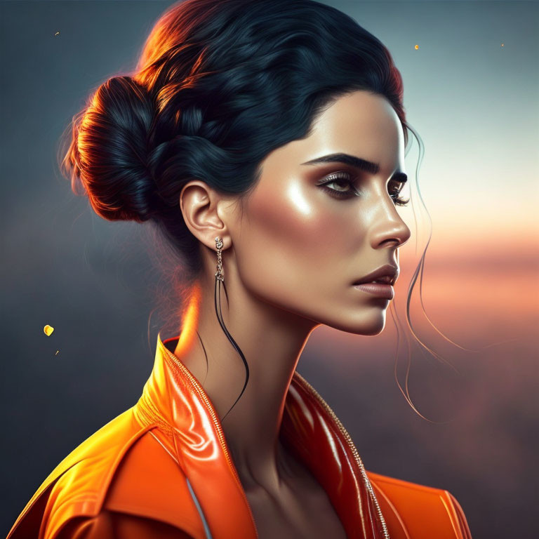 Digital artwork featuring woman with sleek bun hair, sharp features, orange attire, moody backdrop