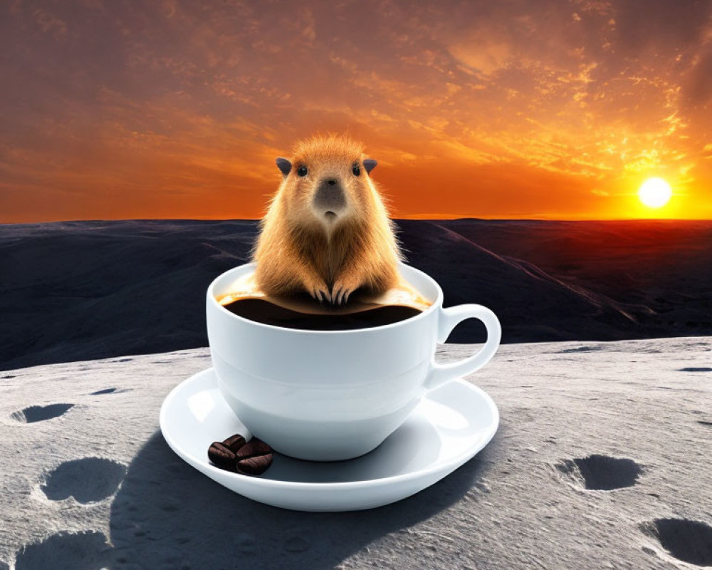 Guinea pig in coffee cup with chocolates against surreal sunset moonscape