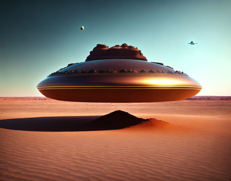 Metallic UFO and smaller craft in desert sunset scene