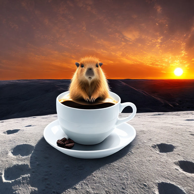 Guinea pig in coffee cup with chocolates against surreal sunset moonscape