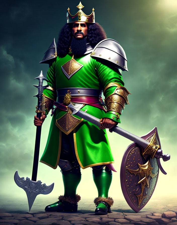 Regal knight in green and gold armor under dramatic sky