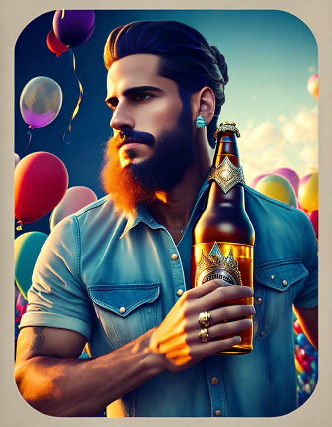 Bearded man with man bun holding decorated bottle against colorful balloon backdrop