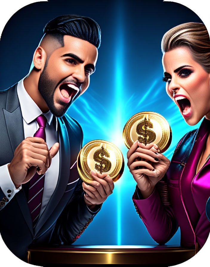 Man and woman holding gold coins with dollar signs on vibrant blue background.