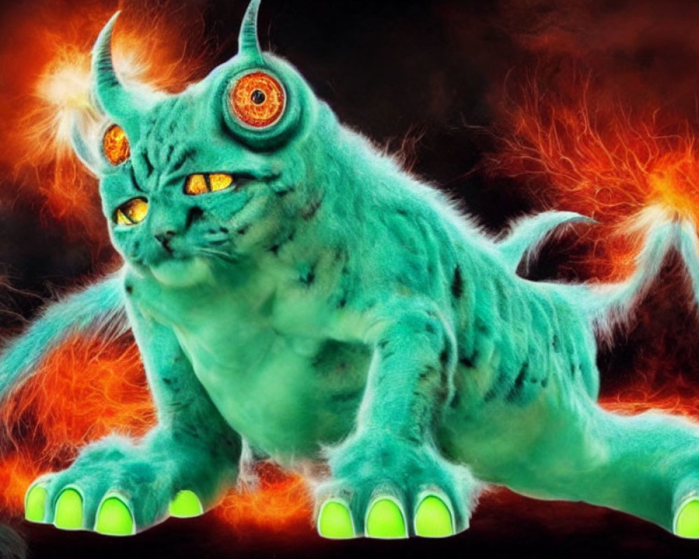 Turquoise Cat-Like Creature with Glowing Eyes and Fiery Tails