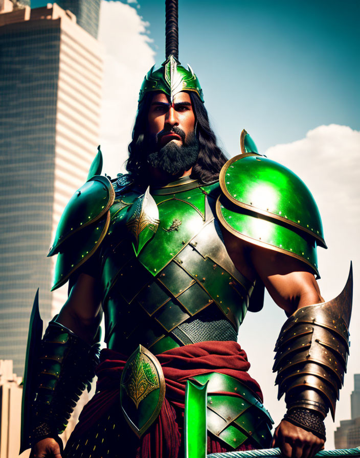 Elaborate warrior in green armor against city backdrop