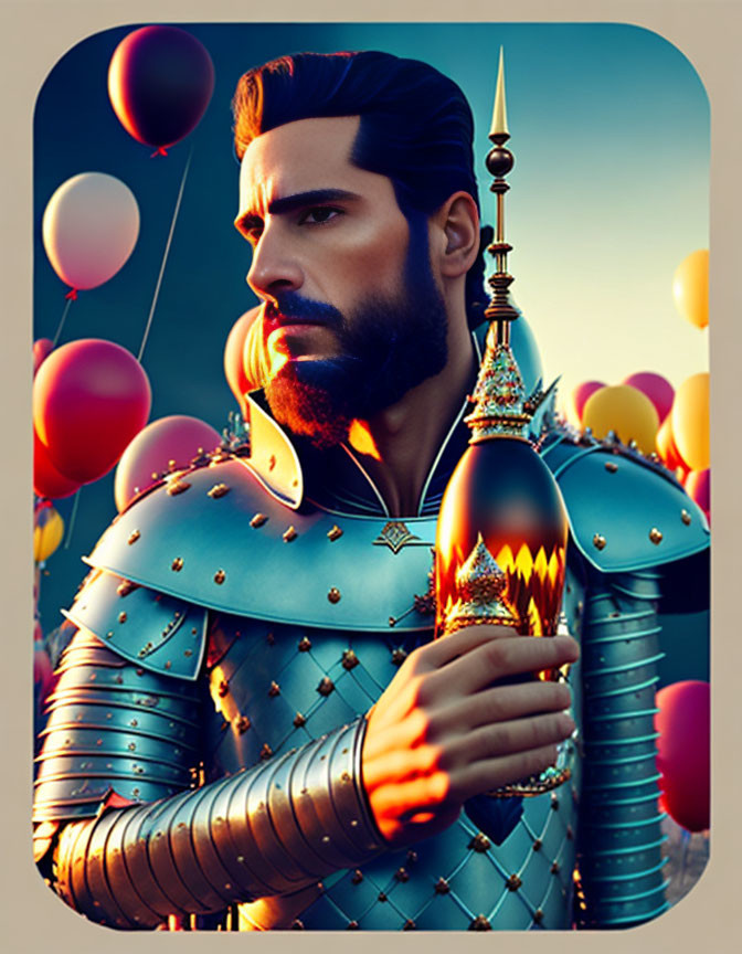 Man in Medieval Armor with Beard and Mustache Holding Decorated Bottle in Sunset Scene