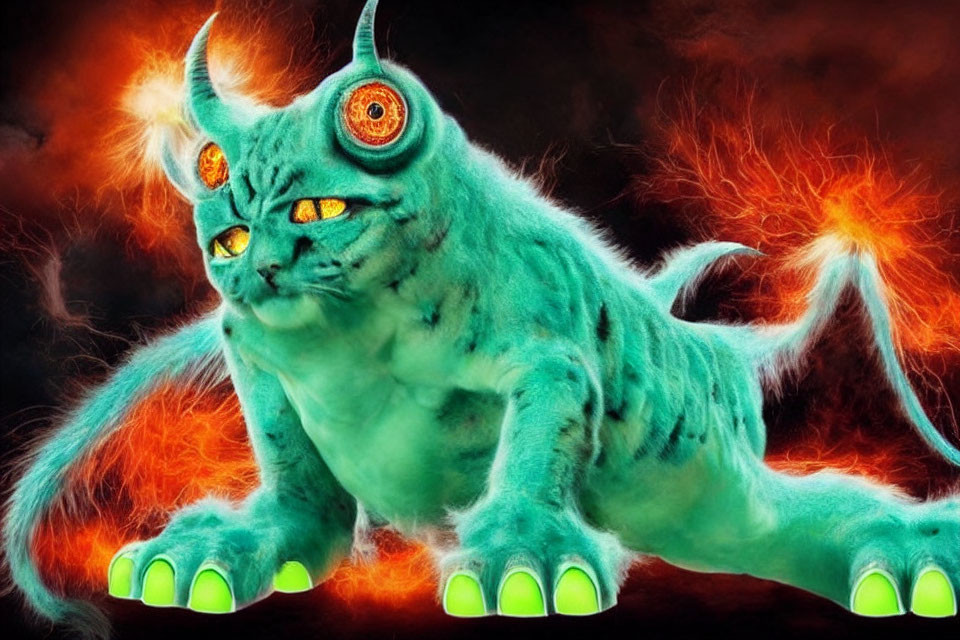 Turquoise Cat-Like Creature with Glowing Eyes and Fiery Tails