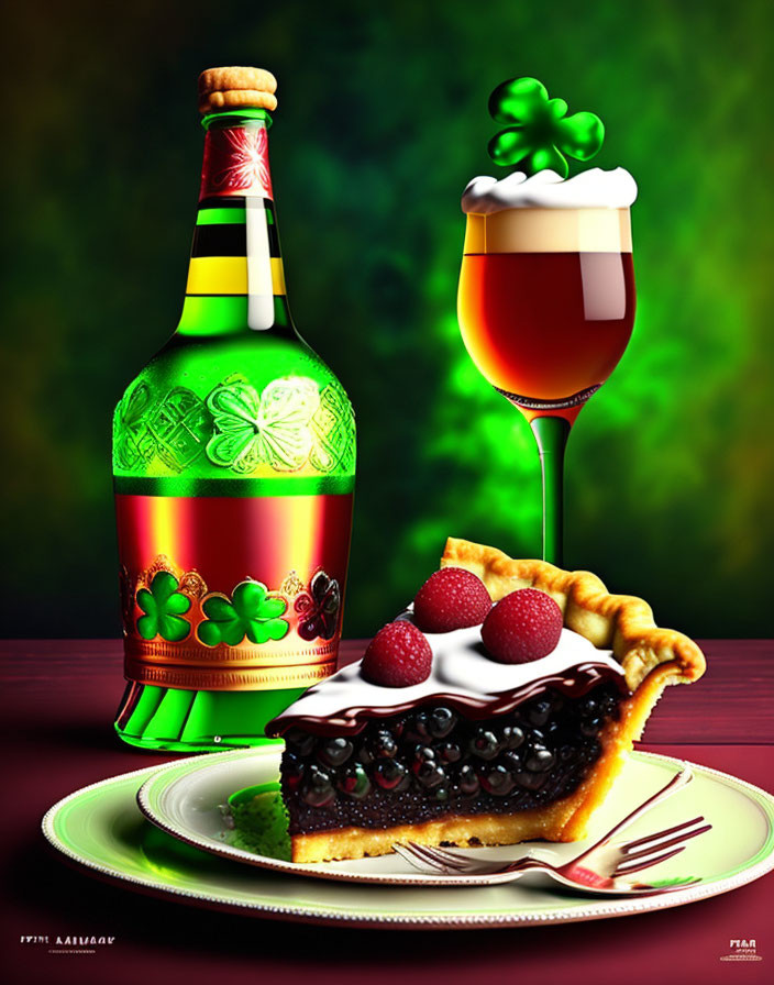 Festive Beer Bottle, Clover Foam Glass, Raspberries, and Blueberry Pie Plate