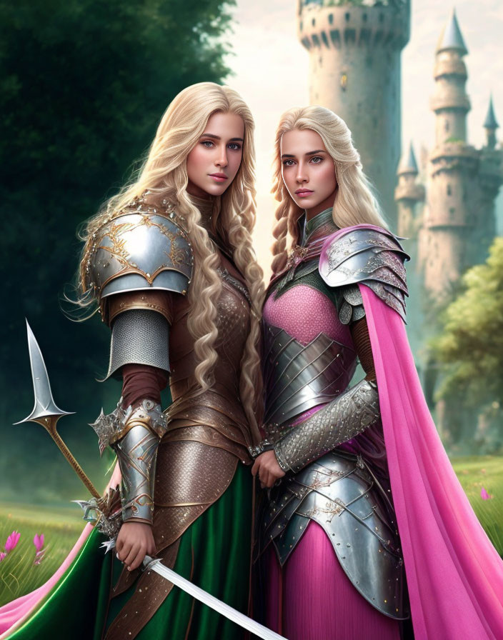 Two female warriors in ornate armor, one in green and gold, the other in pink and silver