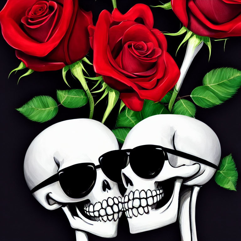 Skulls with Sunglasses, Roses, and Leaves on Black Background