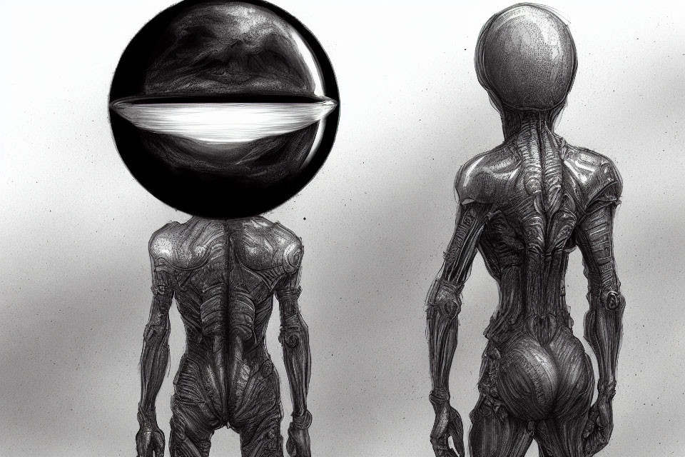 Detailed sketch of two humanoid alien figures with obscured faces, one facing front and the other turned, showcasing