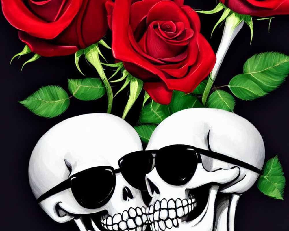 Skulls with Sunglasses, Roses, and Leaves on Black Background